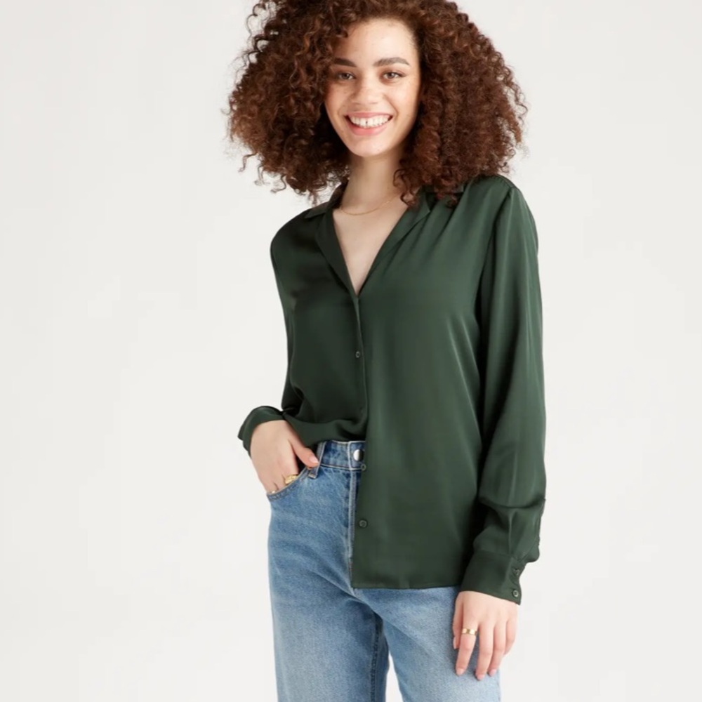 NWT Quince Silk Notch Collar Blouse Forest Green Small